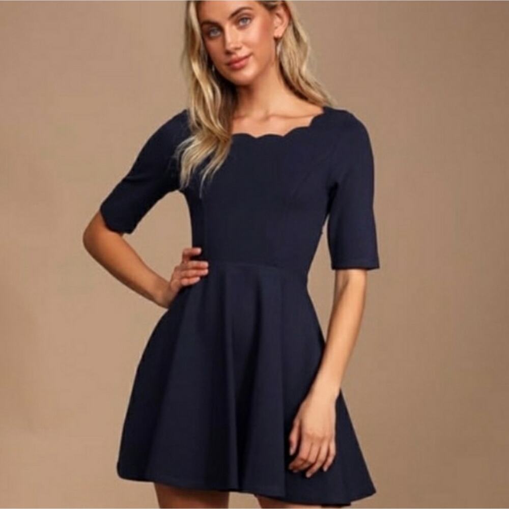 Lulu's scalloped neckline mini skater dress dark blue XS